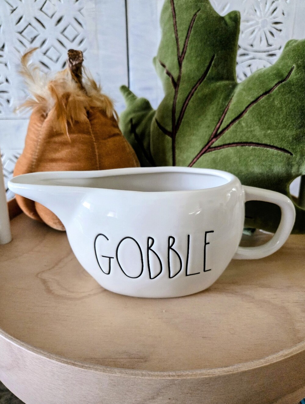 RAE DUNN adorable White Ceramic "GOBBLE" Gravy Boat